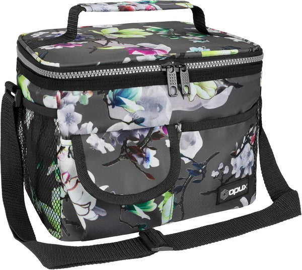 opux Leakproof Floral Grey Insulated Lunch Bag for Men Women, Portable Soft Lunch Cooler with Strap