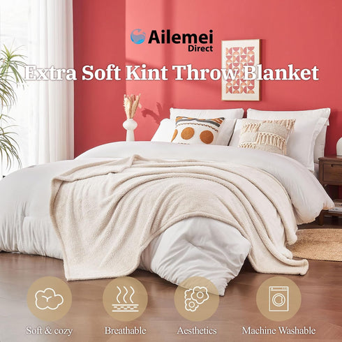 Ailemei Direct Knit Throw Blanket for Bed, Cozy Knitted Throw for Sofa, Office Chair, Fuzzy Couch Decor, Sand