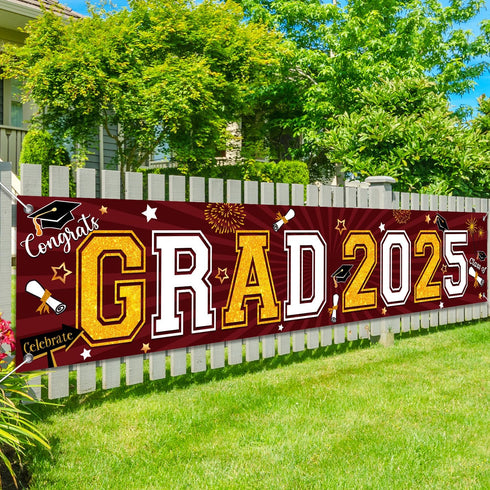 Congrats Grad 2025 Graduation Yard Sign, Giant Maroon Lawn Sign Decorations for Graduation Party Supplies