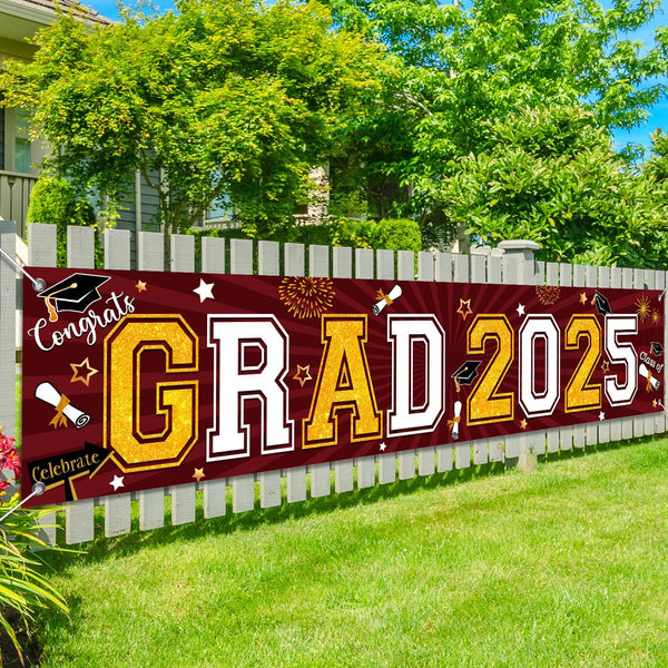 Congrats Grad 2025 Graduation Yard Sign, Giant Maroon Lawn Sign Decorations for Graduation Party Supplies