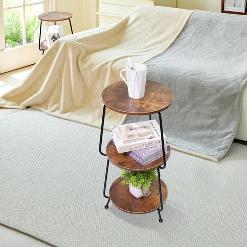 3 Small Round Side Table- Tier End Table with Storage Shelf, Slim Industrial Coffee Table for Small Spaces, Living
