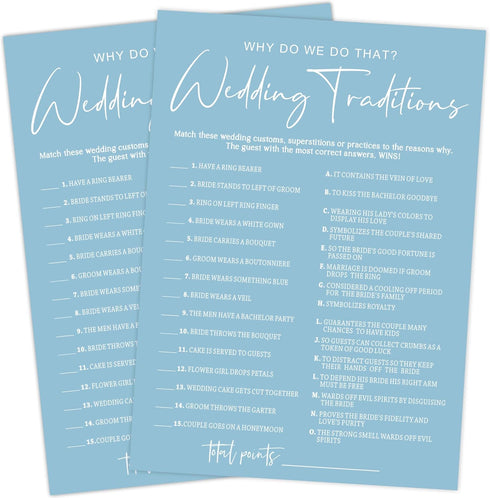Blue Theme Bridal Shower Games for 25 Guests, Wedding Traditions with Answer Card, Reception Games, Bride Groom