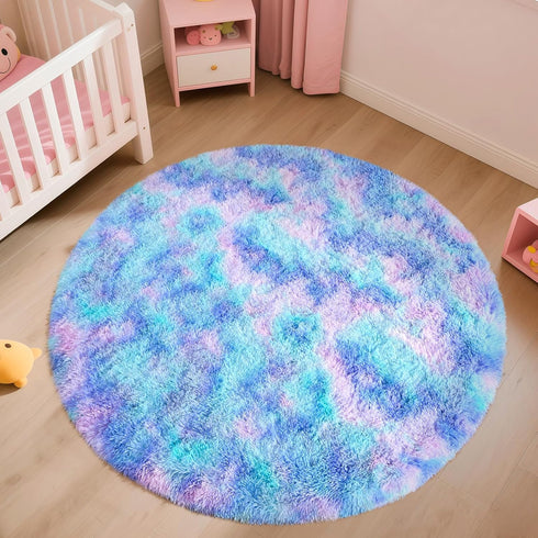 4Ft Blivonta Rainbow Round Rug for Bedroom, Fluffy Circle Area Rugs for Living Room, Shag Fuzzy Carpet for Kids Room