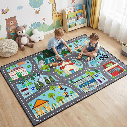 2.5x4 Car Rug Play Mat - Road Rug for Kids Boys Room, Fun Race Track Traffic Road Carpet for Boys Playmat Educational
