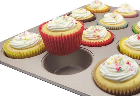Premium Red Greaseproof Cupcake Liners, Standard Size, 100-Count Muffin Paper Baking Cups