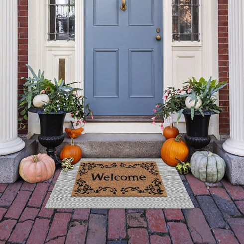 Small Door Mat Front Porch Rug, Washable 2'x3' White Gray Striped Cotton Rug for Bathroom Kitchen Laundry Room Indoor