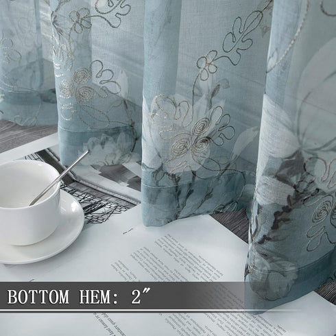 Tollpiz Blue Floral Sheer Curtains, Flower Print Vine Embroidery, 54 x 63 inches, Set of 2 Panels for Bedroom & Living