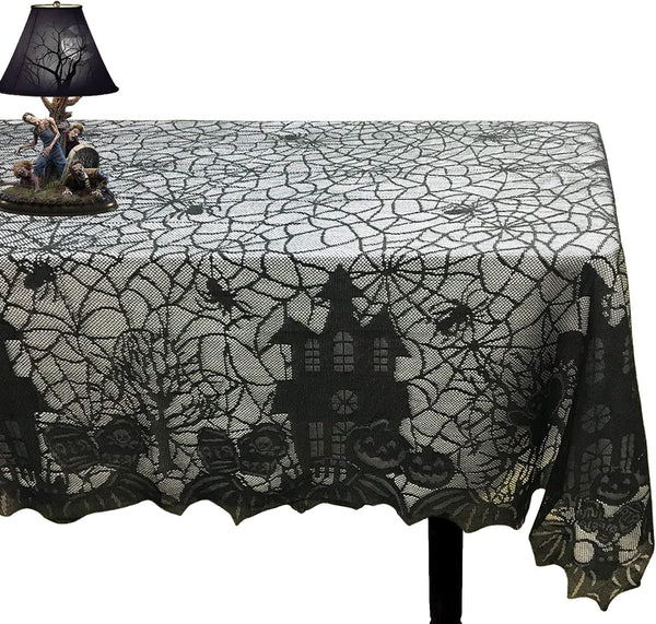 Halloween Tablecloth - Gothic Black Lace Spider Web Table Cover for Masquerade, Dinner Party, 53x68 Inches