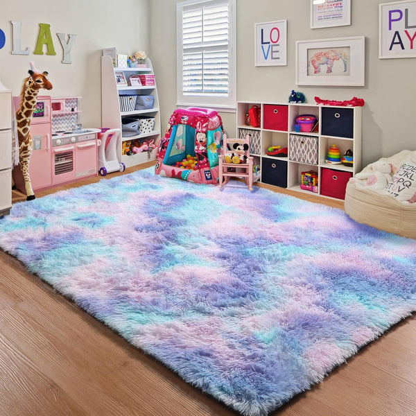 Fluffy Area Rug for Girls Bedroom, 4x6 Purple Rainbow Cute Unicorn Indoor Floor Rug, Ultra Soft Plush Shaggy Carpet