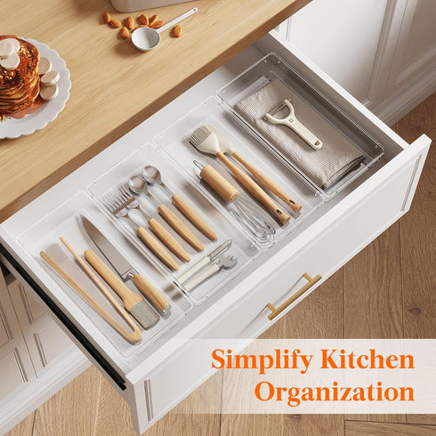 Lifewit Silverware Drawer Organizer, 5.75" x 11.65" Clear Utensil Tray, Stackable Plastic Storage Box (2 Pack)