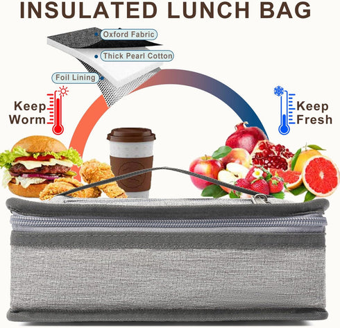 FlowFly Mini Cooler Lunch Box, Portable Soft Bag Thermal Meal Tote Kit with Handle, Heather Grey