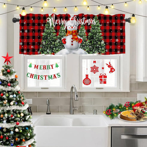 Christmas Valance for Windows, Snowman with Xmas Tree Window Toppers, 1 Panel Red Buffalo Plaid Check Treatments 54 x