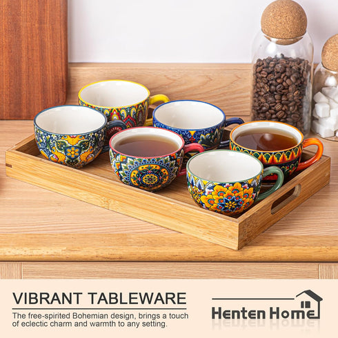 8.5 oz Set, Set 6, Henten Home Cappuccino Cup and Saucers Ceramic Coffee Cup of Bohemian Cup for Latte, Tea, Hot Cocoa