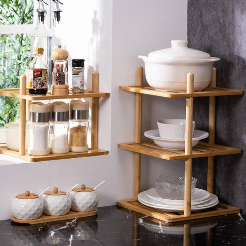 2Pcs 3-Tier Counter, Countertop (2, 3Tier-Large-6.7"H) Cabinet Organizer Shelf - Bamboo Corner Rack for Kitchen Cabinet