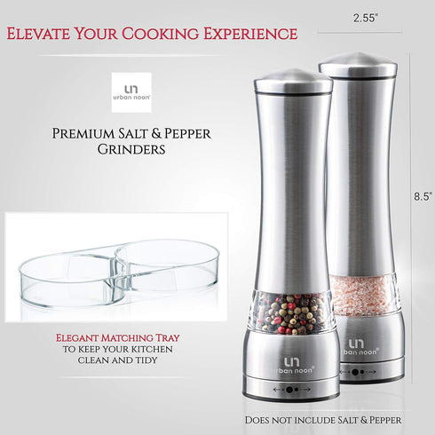 Salt and Pepper Grinder Set, Large Capacity Stainless Steel Grinders with Tray, Manual Mills, Set of 2