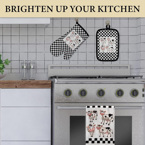 Oven Mitt and Potholder Kitchen Set, 3 Piece Laughing Cows Accessory, Waterproof Oven Glove and Tea Towel