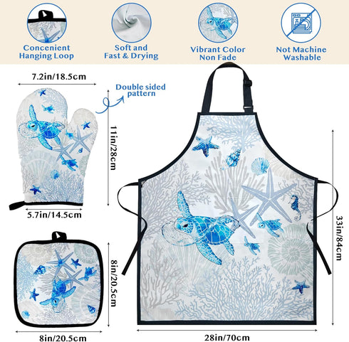 8 Set PCS Ocean Bamboo Kitchen Cooking Utensil Spoon with Apron Oven Mitt Potholder,Gift for Women Coastal Decor Beach