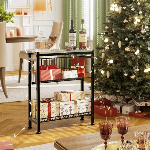 3-Tier Narrow Side Table for Small Space, End Table with Magazine Holder, Slim Nightstand with Wire Shelf, Skinny