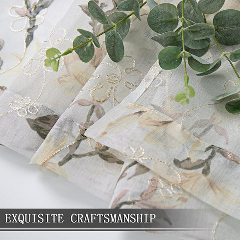 Tollpiz Floral Short White Sheer Tier Curtains, Set of 2 Panels, 30 x 24 inches, Flower Print Vine Embroidery for