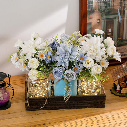 3PCS LUEUR Artificial Flowers Blue Dahlia in Mason Jars with Wood Tray for Dining Table Coffee Table Farmhouse Home