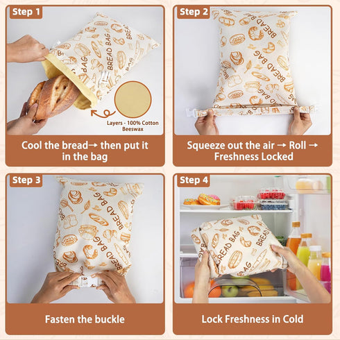 2 Pack Beeswax Bread Bags - Large Reusable Cotton Linen Food Storage Covers for Sourdough & Homemade Bread, Waxed Bags