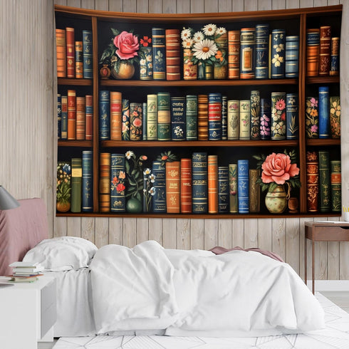 LB Decor,80Wx60L inch Retro Bookshelf Tapestry Wall Hanging Potted Plants With Pink Rose Floral Library Book Wall