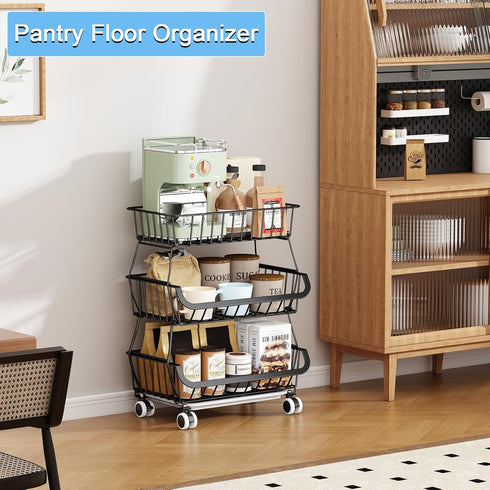 Mchoter 3-Tier Potatoes,1 Pack Rolling Pantry Floor Organizer, Stackable Pantry Storage Cart with Wheels, Metal Wire