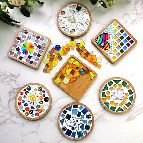4PCS Mosaic Bamboo Coasters - Blank Base Trays for Crafts, Drinking Cup Coaster, DIY Mosaic Supplies