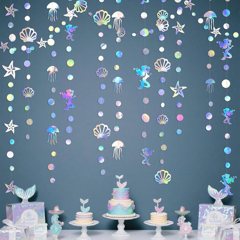 40 Ft Iridescent Mermaid Garland with Jellyfish, Seashell, Starfish, Pearl Holographic Paper Streamer for Under The Sea