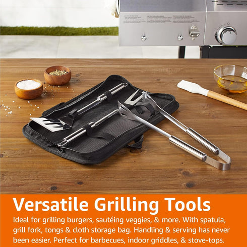 4-Piece Set Amazon Basics Stainless Steel BBQ Grilling Tool with Carry Bag, Rust-Resistant, Dishwasher Safe
