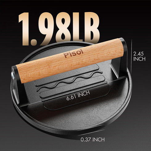 2 lb 6.6 Pisol Smash Burger Press, Pre-Seasoned Cast Iron Hamburger Smasher, Heavy-Duty Grill Bacon Meat Press Tool