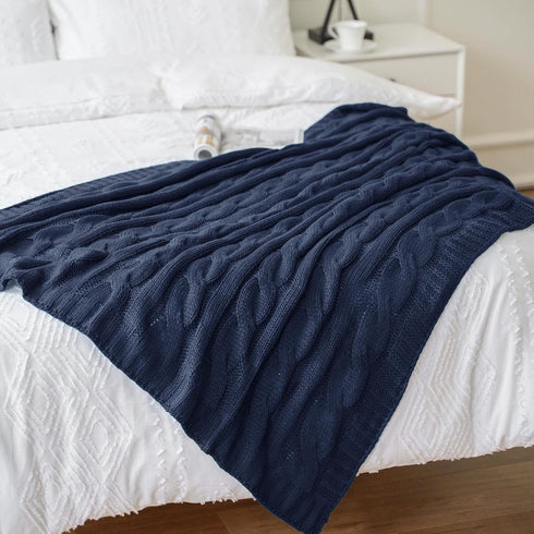 Battilo Navy Cable Knit Throw Blanket, Super Soft Cozy Decorative Knitted Blanket for Couch, Bed, Sofa, Chair 50"x60"