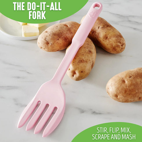 GreenLife 10-in-1 Cooking Tools and Utensils, Silicone Fork for Stirring, Mixing, Mashing, Soft Pink, Dishwasher Safe