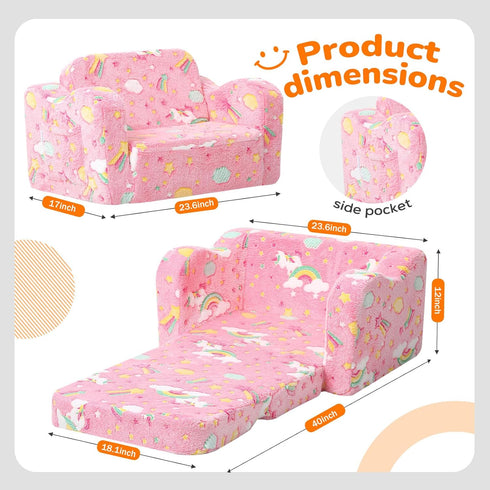 2-in-1 1-3 MeMoreCool Glowing Pink Rainbow Kids Chair, Glow-in-the-Dark Kids Couch Fold Out Sofa for Girls, Comfy Plush