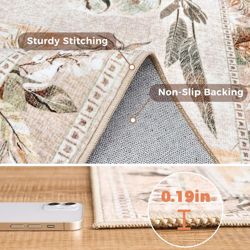 jinchan 5ft 5' Round Rug Beige Jungle Animals Print, Machine Washable Circle Modern Soft Non-Slip Forest Plant Throw
