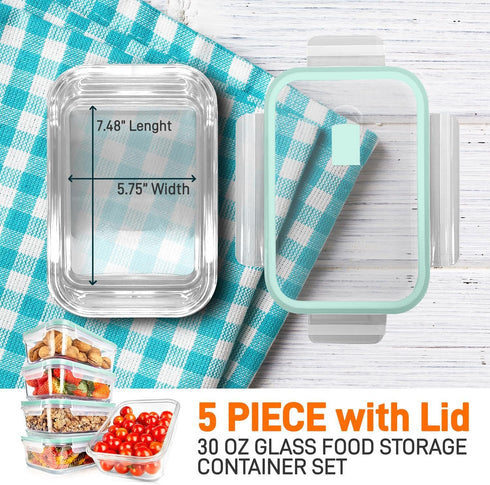 NutriChef 5-Piece 30 oz Reusable Glass Meal Prep Containers, Stackable Kitchen Storage with Locking Lids