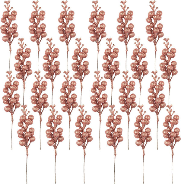 Crafare 24 Pack Rose Gold Christmas Glitter Berries Stems, Artificial Christmas Picks for Tree Ornaments, Crafts,