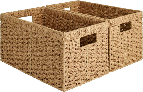 StorageWorks Round Paper Rope Storage Baskets, Medium Rectangular Wicker Baskets with Built-in Handles, 2-Pack, 13 ¼ x