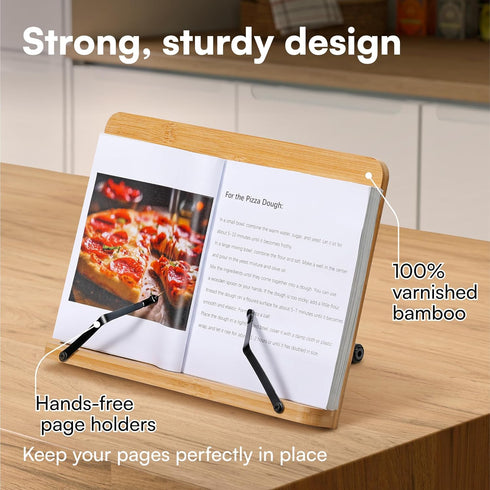 H&S Bamboo Recipe Book Holder - Foldable & Portable Cookbook Stand for Desk - Adjustable Holder for Reading in Bed or Kitchen by H&S