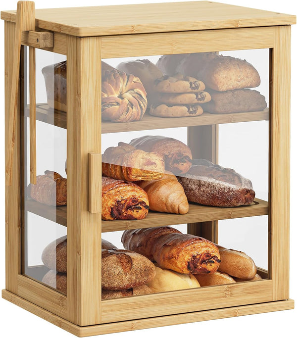 WOWLIVE Bamboo Bread Box for Kitchen Countertop, Large 3 Layers Bread Storage