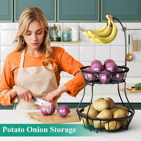 SAYZH 2-Tier Countertop, Fruit Basket Bowl Stackable Vegetable Storage with Banana Tree Hanger Stand for Kitchen Metal