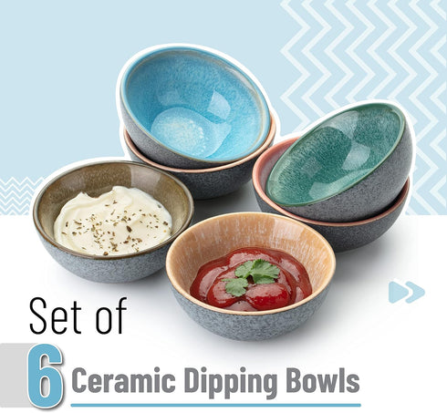 Brew To A Tea BTaT- Ceramic Dipping Bowls, 3.5 Oz, Set of 6, Colorful Small Bowls, Soy Sauce Dish, Dip Bowls, Sauce Bowls, Mini Bowls, Condiment Bowls, Small Bowls for Dipping, Dipping Sauce Bowls by Brew To A Tea