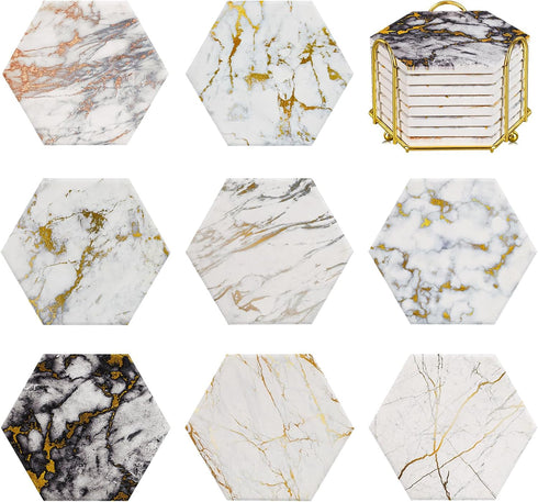 Gold Marble Coasters,Set of 8 Drink Coasters for Anniversary, Office,Geichan Ceramic Bar