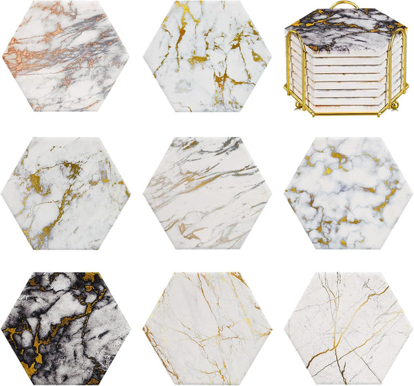 Gold Marble Coasters,Set of 8 Drink Coasters for Anniversary, Office,Geichan Ceramic Bar