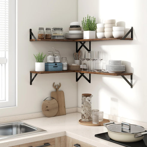 8 Inch Set 2, 16''W 8''D Axeman Floating Shelves for Wall, Deep Brown Wall Shelves of x Rustic Brown Wood Shelves