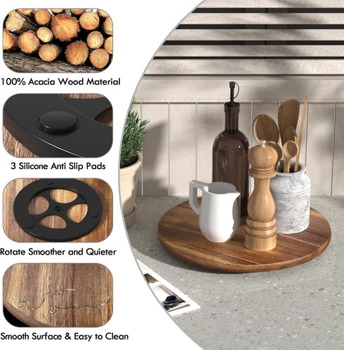 Lazy Susan Turntable for Cabinet: Acacia Wood Organizer for Kitchen Countertop and Bathroom Decor, 12 Inch