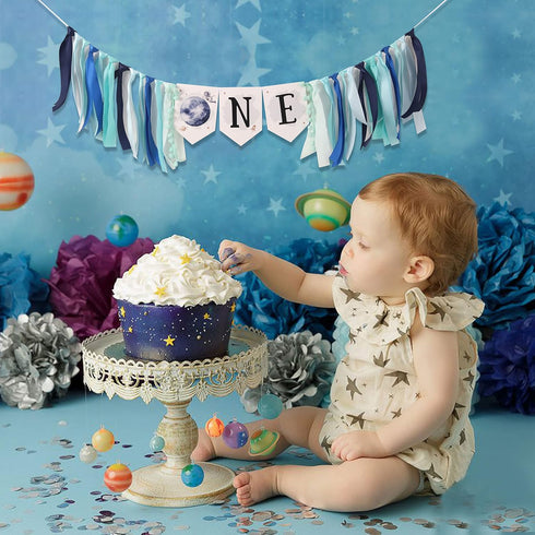 HUHJRUAR 1st Outer Space Planets High Chair Banner - Astronaut Rocket Birthday Boy High Chair ONE Banner - First Trip