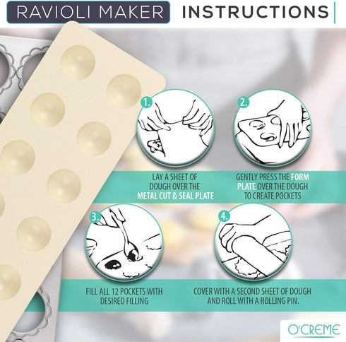 O’Creme Ravioli Maker for 12 Circles, Each 1-7/8 Inch, with Non-Stick-Coated Metal Cutting Tray