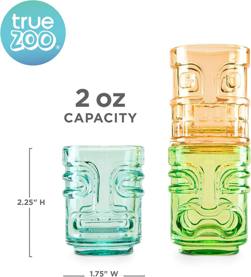True Zoo Tiki Shot Glasses Set of 3 - Stackable Tropical Glassware, Holds 2 Ounces, Multicolor