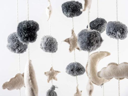 Celestial Crib Mobile with Pom Pom Stars and Clouds - White and Grey